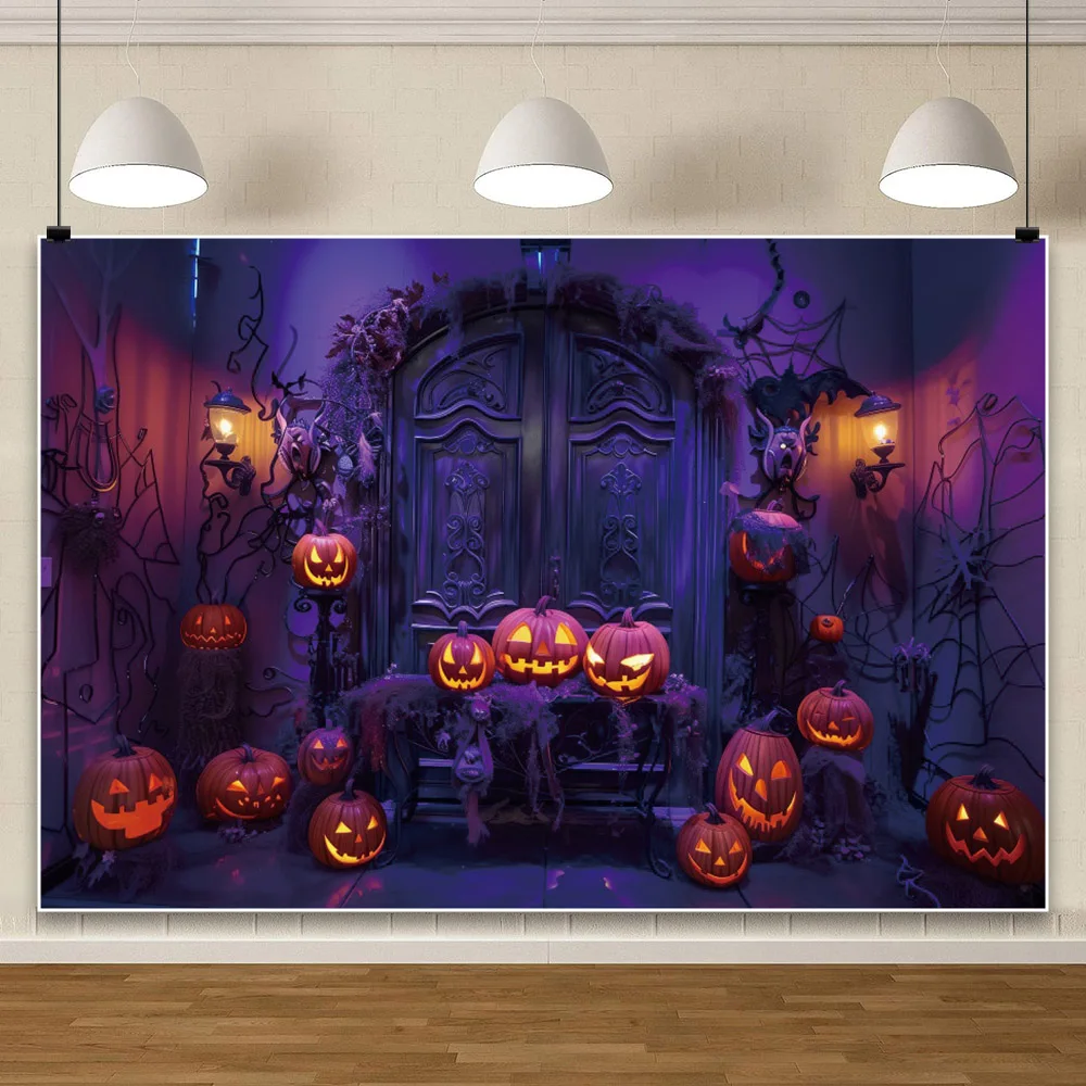 Halloween Party Backdrop Decor Pumpkin Lanterns Retro Castle Door Kids Portrait Photography Background Photostudio Photo Props