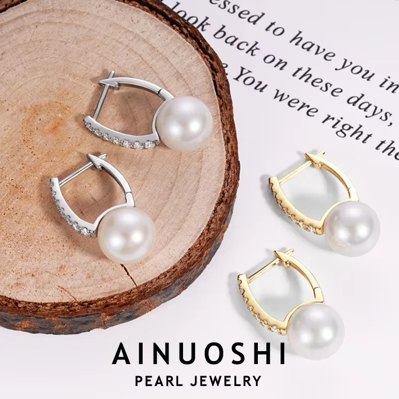 AINUOSHI Moissanite Pearl Earrings 925 Sterling Silver 10mm Natural Freshwater Pearls Hoop Earring For Women Elegant Ear Jewelry