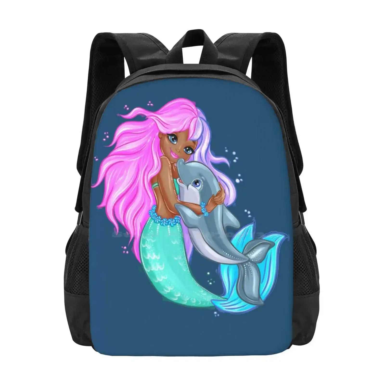 

Black Mermaid And Her Friend Dolphin Hot Sale Schoolbag Backpack Fashion Bags Ebony Mermaid And Dolphin Mulatto Mermaid Dark