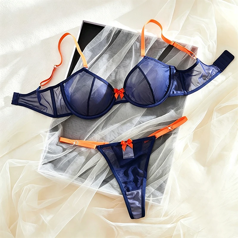 Damen-Dessous Marineblau Transparente Netzunterwäsche Stahlring-BH Orange Schleife Tanga 2-teilig Sexy Lingerie Kontrastfarben Intimwäsche