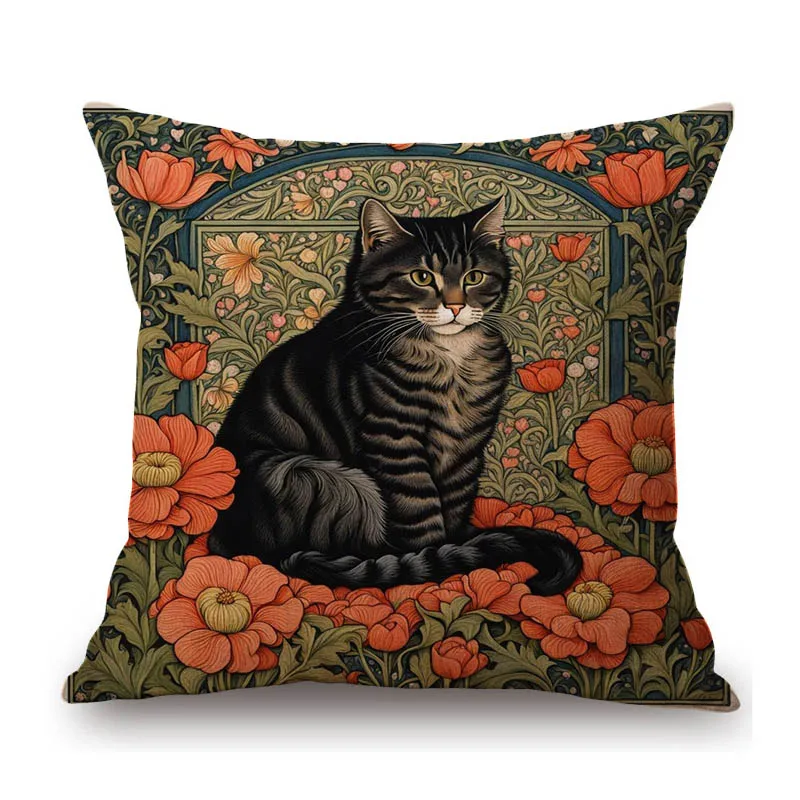 Lovely Cute Cat Dog William Morris Style Flower Background Floral Home Decoration Sofa Throw Pillow Case Pet Art Cushion Cover