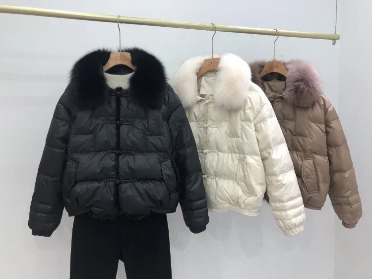 Real Fox Fur Collar Winter Women 90% White Duck Down Jacket Ladies Short Warm Puffer Coat Female Loose Vintage Parka Down Jacket