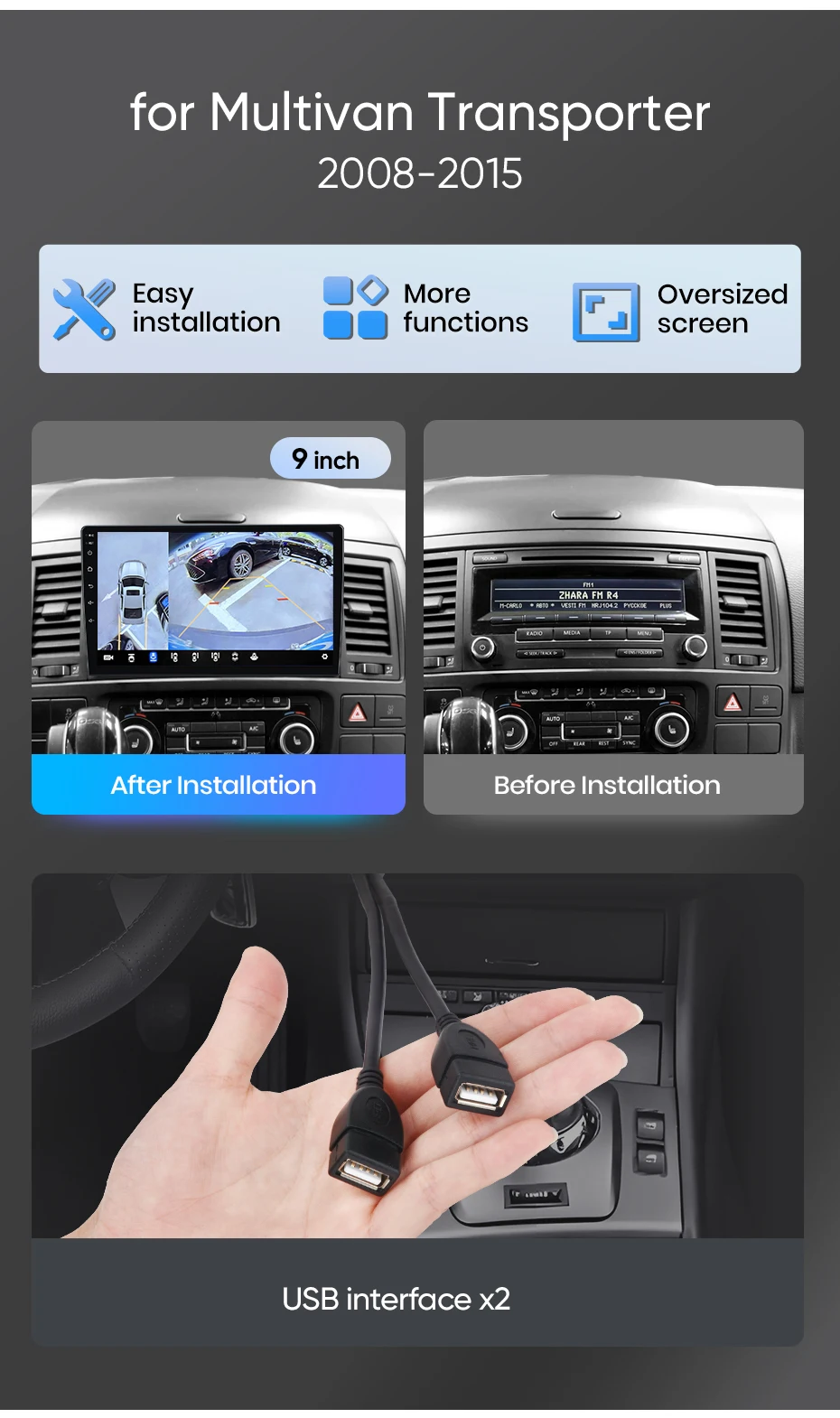 Junsun Autoradio für VW Multivan T5 Transporter 2003-2015 mit CarPlay, Android Auto, FM, RDS, DSP, BT, GPS-Navigation, Lenkradfernbedienung, HD IPS Touchscreen, Plug & Play Multimedia-Player, Freisprechfunktion, Original-Autostil-Haupteinheit – Detail 6