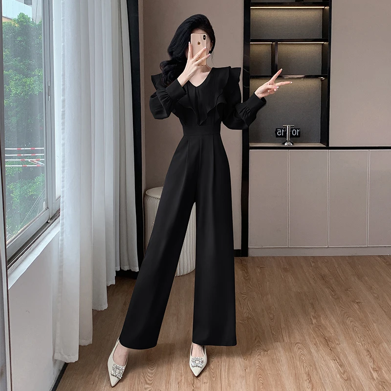 

ALPHALMODA 2025 New In, Spring, Ruffled, Long-sleeved, Slim Waist, Straight Leg, Women, Fashion, Jumpsuit