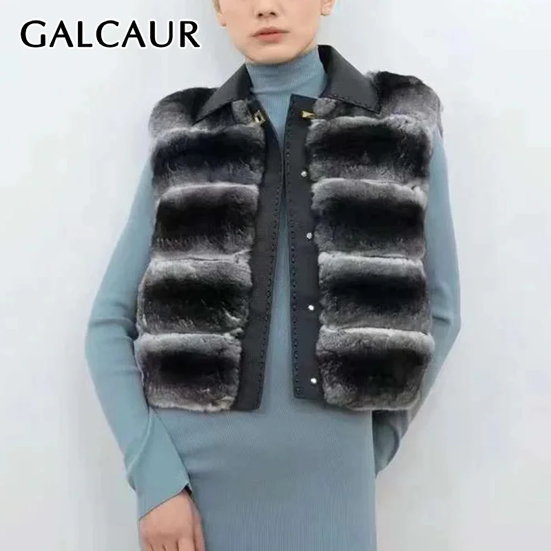 

GALCAUR Vintage Spliced Tierred Fur Waistcoat for Women Lapel Sleeveless Patchwork Zipper Tank Tops Female Winter Fashion Style