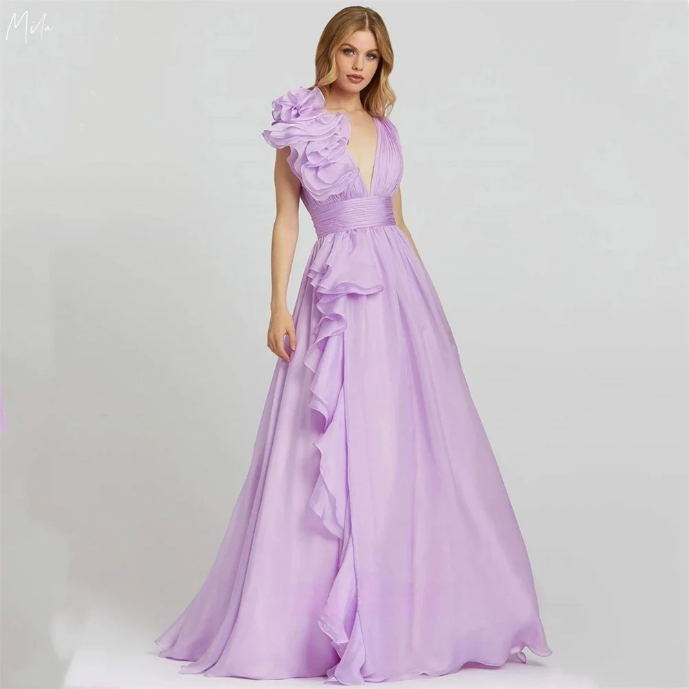

Mila Purple 3D Flower Deep V-Neck Evening Dresses Empire Waist Chiffon A-Line Prom Dresses Floor-Length Customized New In Dress