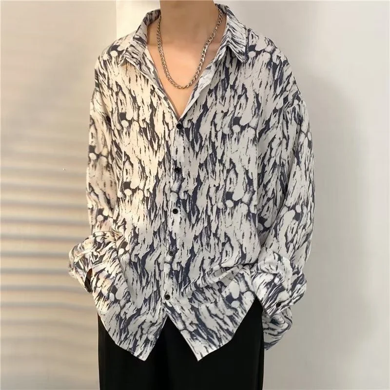 

Loose Dyeing Print Long Sve Men's irt Dra Korean Sle Spring Autumn Trendy Mature Casual Faionable Collar Button up