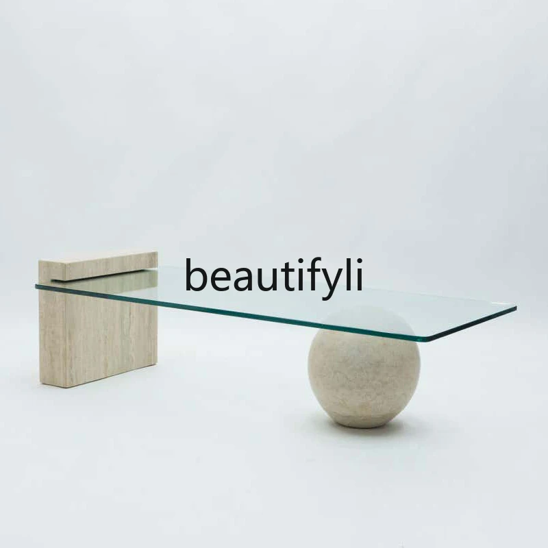 

Minimalist natural travertine coffee table rectangular tempered glass small apartment modern simple light luxury designer