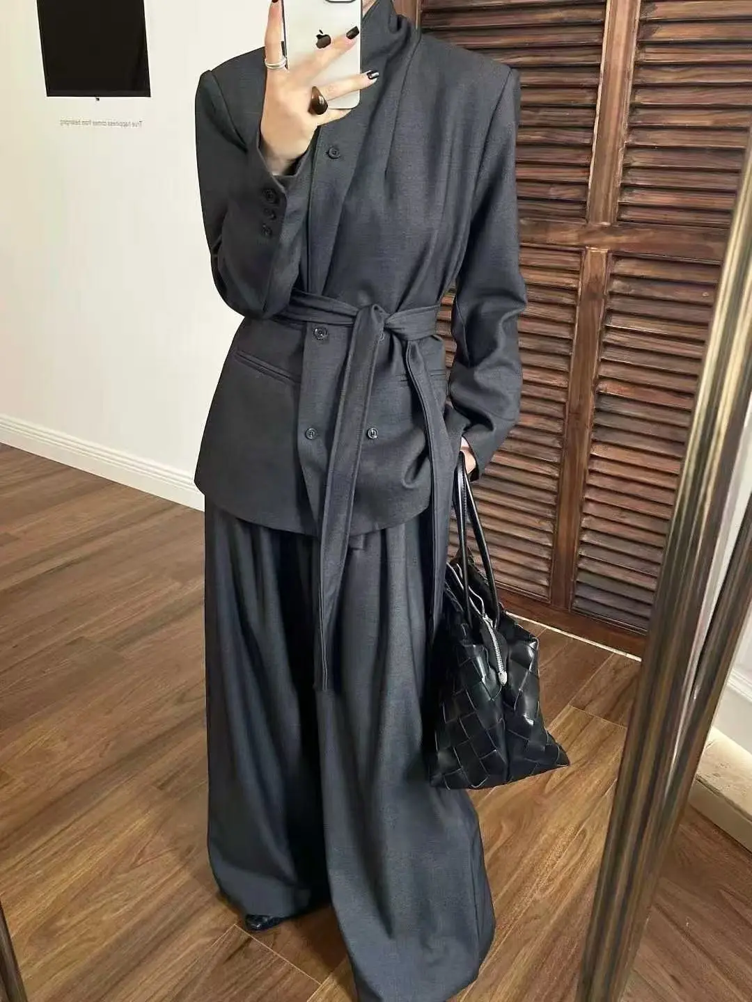 BJTZ الدانتيل متابعة التعادل الخصر سترة مجموعة للمرأة 2025 الخريف جديد واحدة الصدر معطف و عالية الخصر بنطال ذو قصة أرجل واسعة قطعتين مجموعة