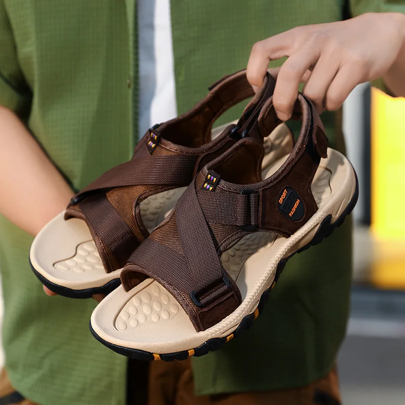 

Мужские летние повседневные кожаные сандалии для активного отдыха, дышащие, легкие, с верхом из ТПУ и резиновой подошвой, модные пляжные туфли