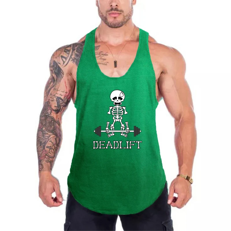 Human Skeleton Deadlift Barbell Gym Vests Mesh Breathable Quick Dry Bodybuilding Tank Tops Mens Fitness Sport Sleeveless Shirts