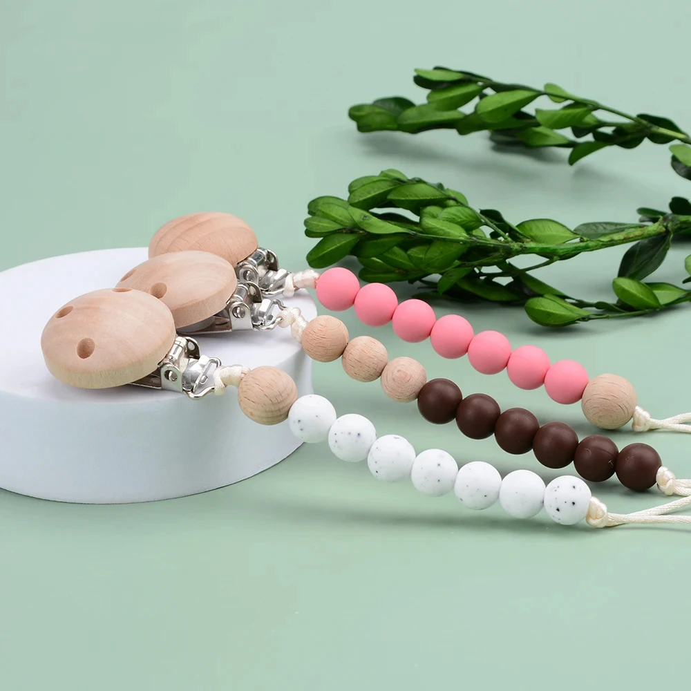 LOFCA Baby Wooden Teethers Pacifier Clips Chain For Baby Pendant Nipple Holder Baby Teething Toys BPA Free Chew Beads