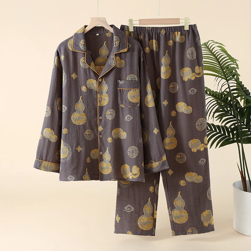 Conjunto de pijama de Jacquard de estilo chino Unisex, ropa de descanso Oriental de gasa de algodón 100%, traje Tang con patrón de calabaza auspiciosa para hombres