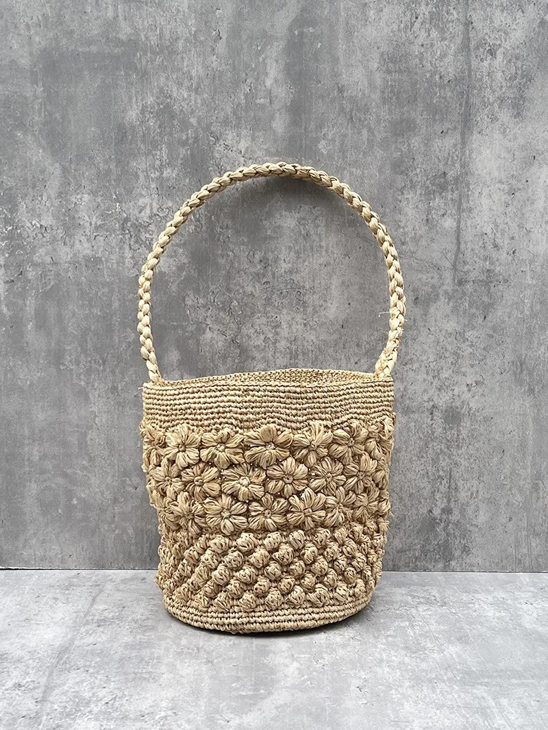 

Bohemian Raffia Beach Bags for Women Bucket Bag Luxury Flower Straw Bag Women Handbag Handmade Travel Rattan Shoulder Bags Tote