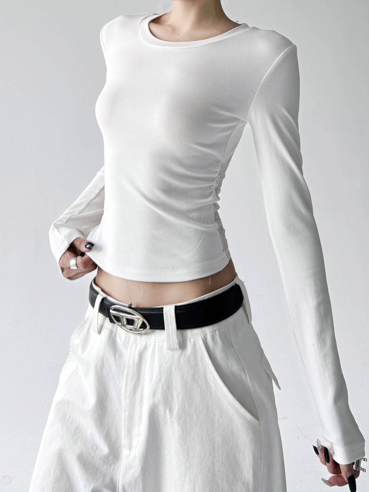 2025 outono novo sle feminino fino ajuste longo sve camiseta renda retalhos base irt casual wear para campus escritório e ci caminhada