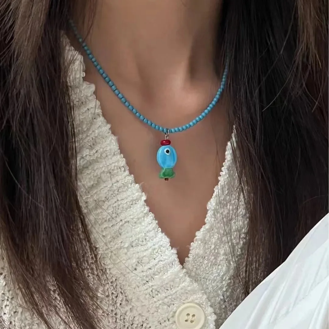 Cute Blue Ceramic Fish Necklace for Women Girls Romantic Colorful Fish Starfish Necklace Aesthetic Summer Beach Jewelry for Gift