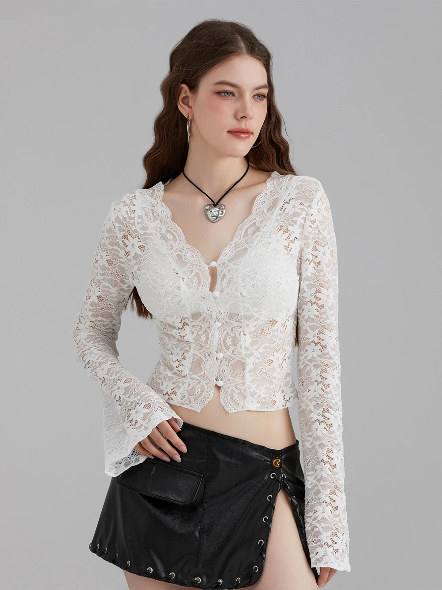 wsevypo Elegant Lace Floral Crochet Sheer Lace Shirts for Spring Summer Women's Flare Long Sleeve V Neck Button down Crop Tops