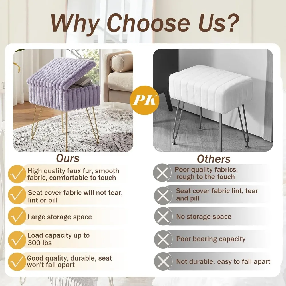 Pufa do przechowywania ze sztucznego futra ze złotymi nogami, fioletowy podnóżek do makijażu do salonu i sypialni