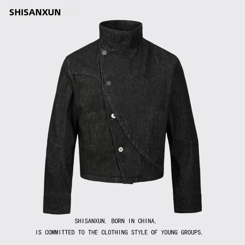 Retro Cleanfit Short Denim Jacket Stand Collar Unisex Autumn Spring Fashion Youthful Vintage Style Regular Sleeve Long Zipper