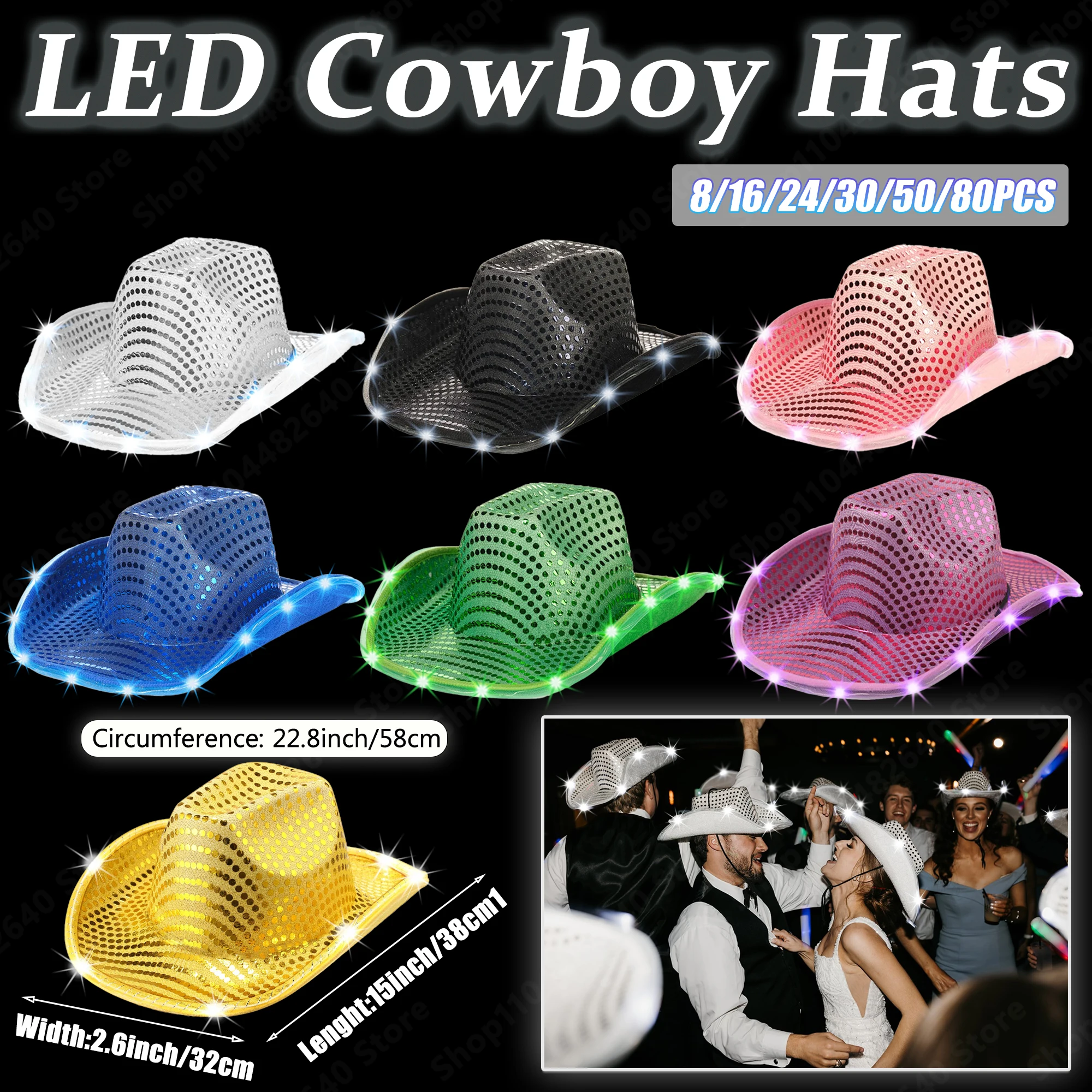 

8-80Pcs Light Up Cowboy Hats for Wedding Sequins LED Cowboy Hats for Women Flashing Cowboy Hat Bulk Bachelorette Party Favors