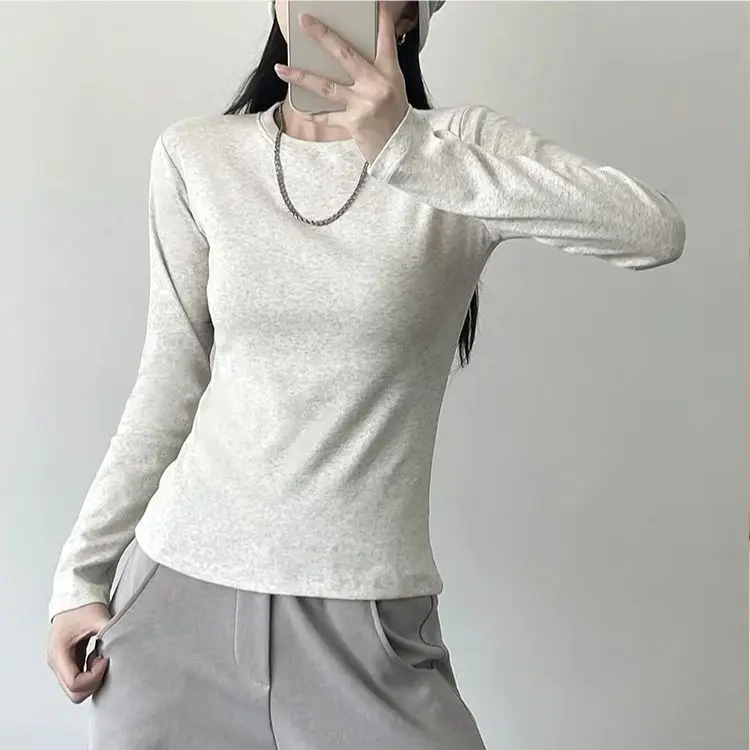 Threaded Cotton Long Sleeve Bottom Shirt Women's Autumn Winter Inside Round Neck t-shirt Tops Slim Basic Models Soft