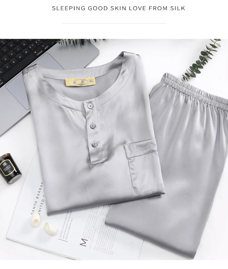 Fengbaoyu Luxury Pure Silk Men's Set Short-sleeved T-shirt and Shorts  2 pieces Summer Casual Homewear Cool Sleeping Clothes