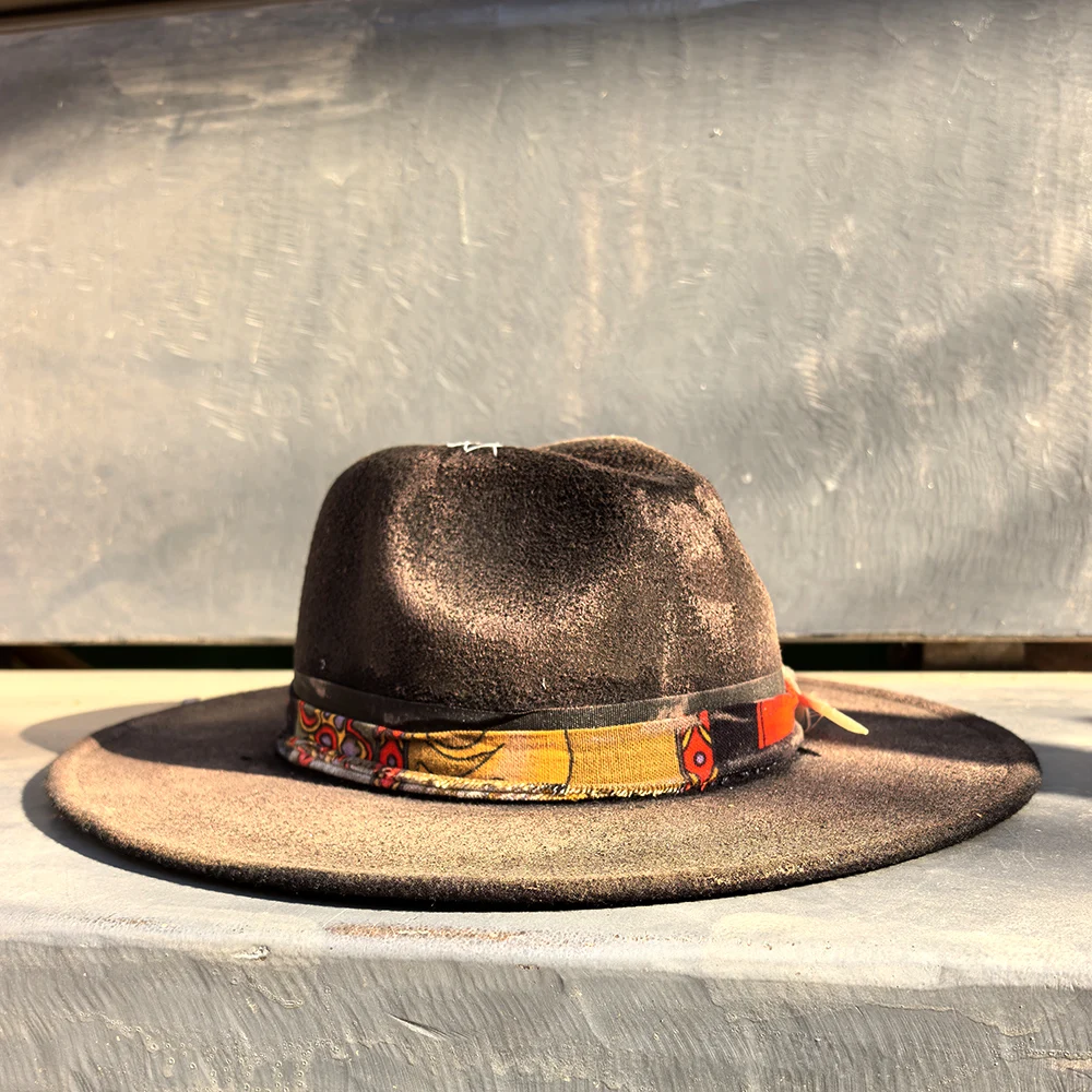 Handmade Wide Brim Jazz Trilby Fedora Hat Lady Blue Hand Drawn Pop Church Adjustable Size for Women Men