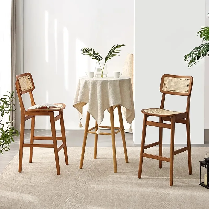 Nordic bar stool modern minimalist home Japanese rattan bar stool backrest ins style café bar stool