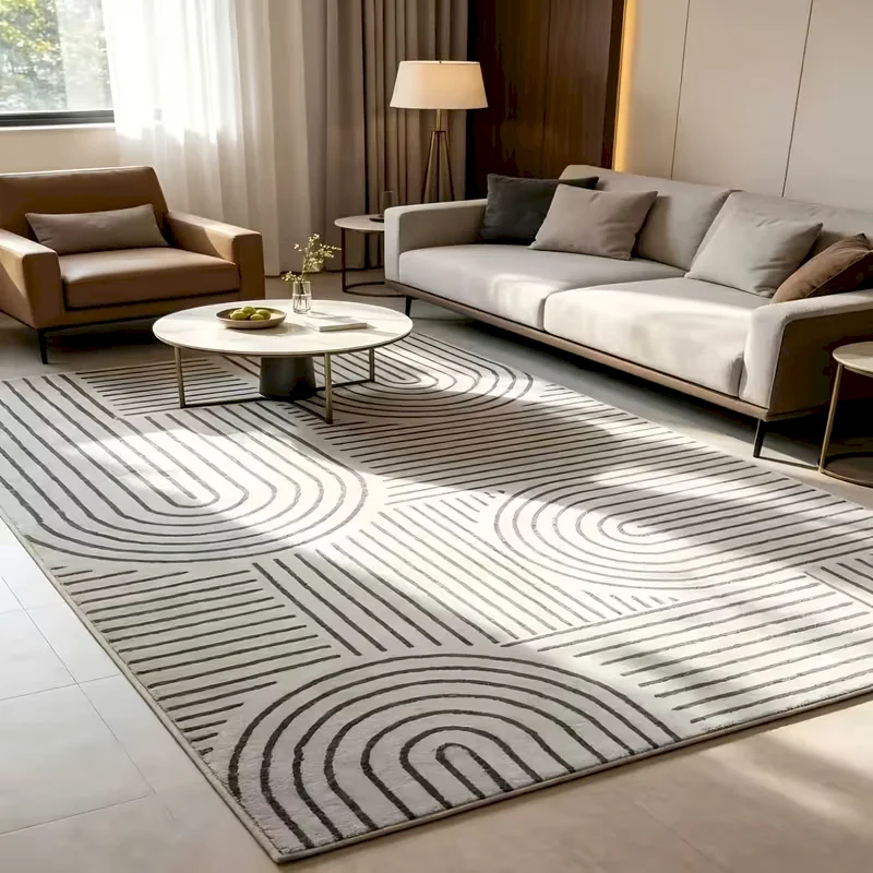 VIKAMA Modern Abstract Line Area Rug Black White Semi‑Circle Curved Wave Carpet Non‑Slip Rug for Living Room Indoor Home Floor