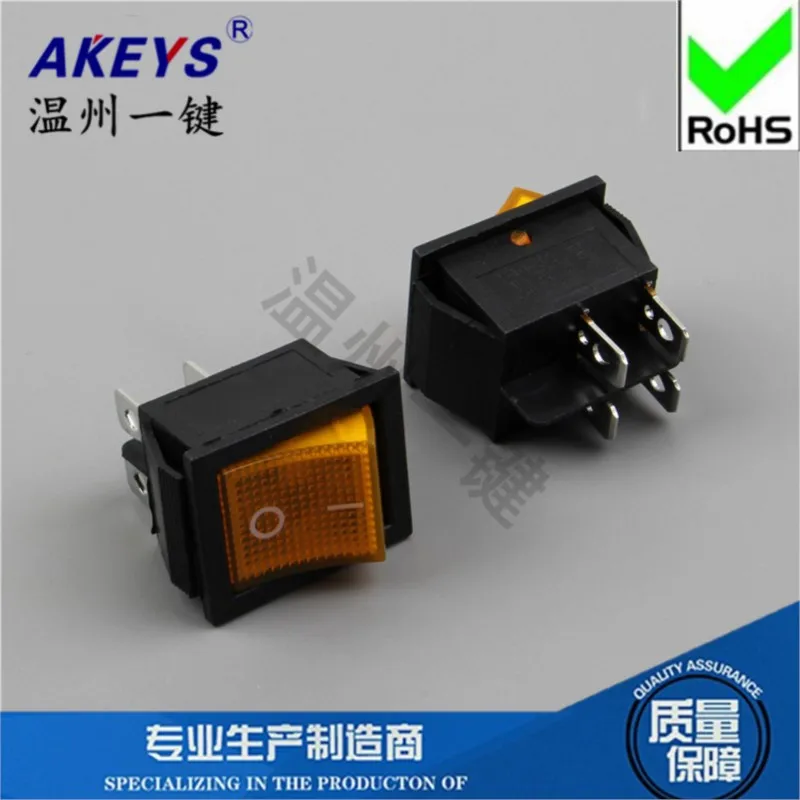 10pcs KCD4-201N Rocker switch 16A high current 4 feet 2 gears 25*31 yellow light