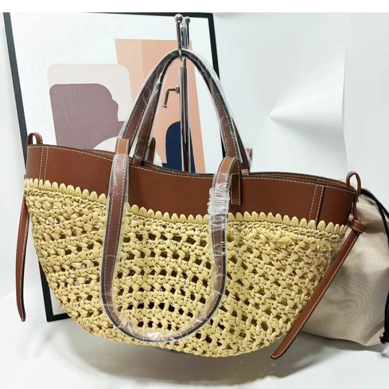 

2025 Summer Hollow Out Beach Bag Hand-woven Straw Bag for Women Luxury Designer Large-capacity Spliced Leather Shoulder Bag