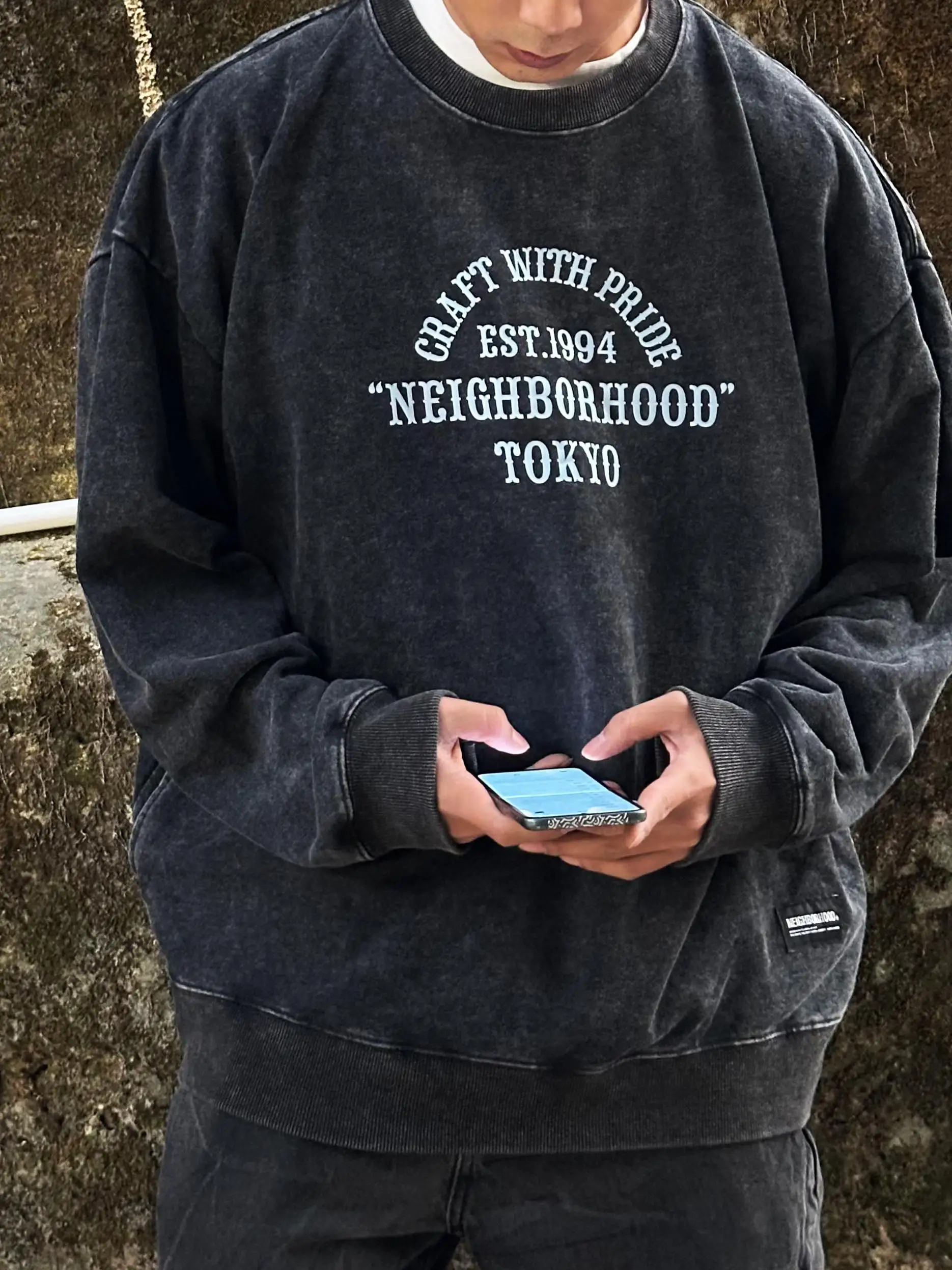 NBHD Heavyweight 360g Japanese Style Washed Black Print Wax Dye Loose Pure Cotton Hoodie round Neck Overhead Sweatshirt