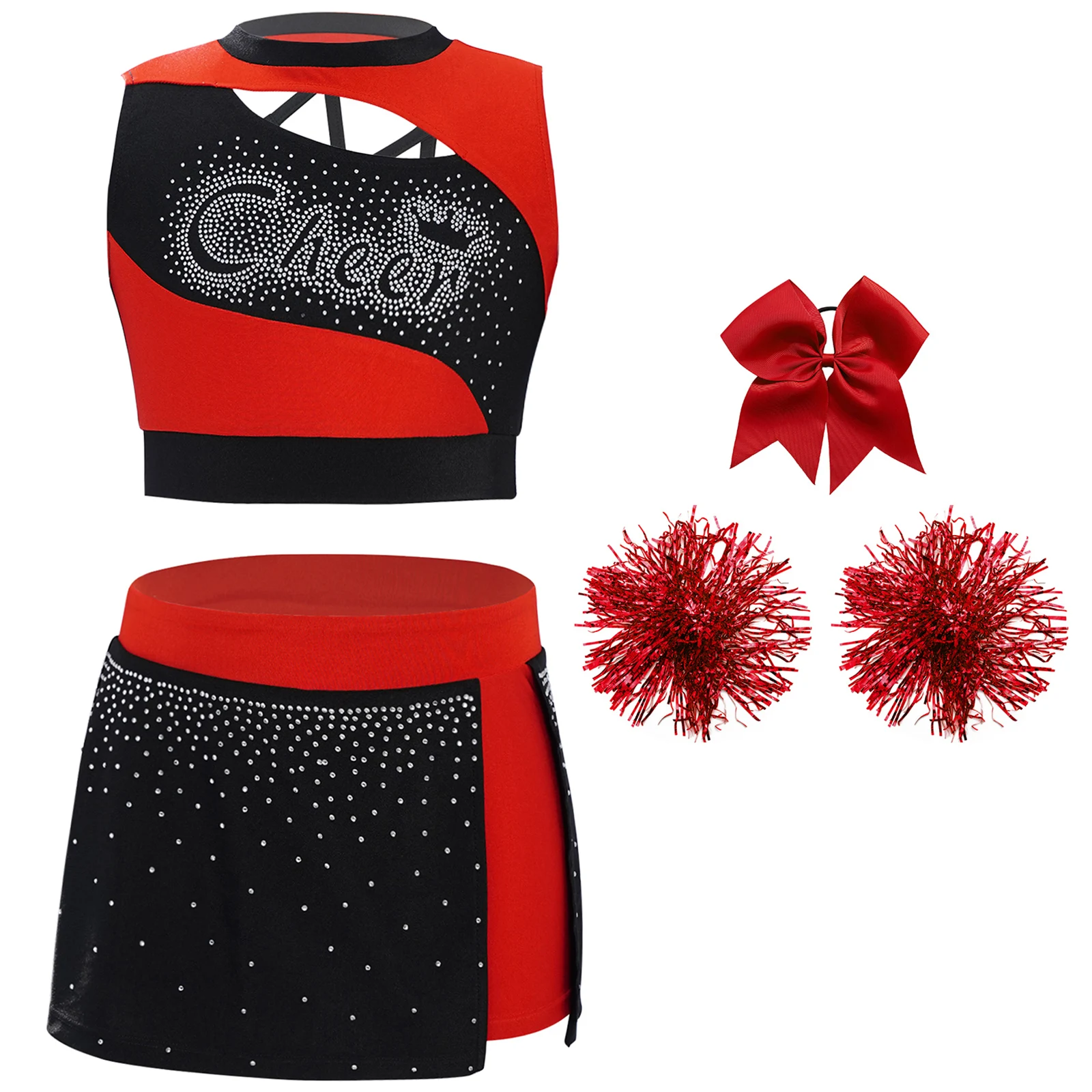 

Matches Cheerleading Dance Performance Outfit Sparkling Rhinestones Crop Top with Side Slit Skirt Dance Cheer Outfits