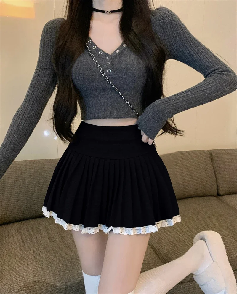 Ezgaga Mini Skirts Women Winter Fashion New Patchwork High Waist Sweet Elegant Chic Pleated Skirt Female Streetwear Casual