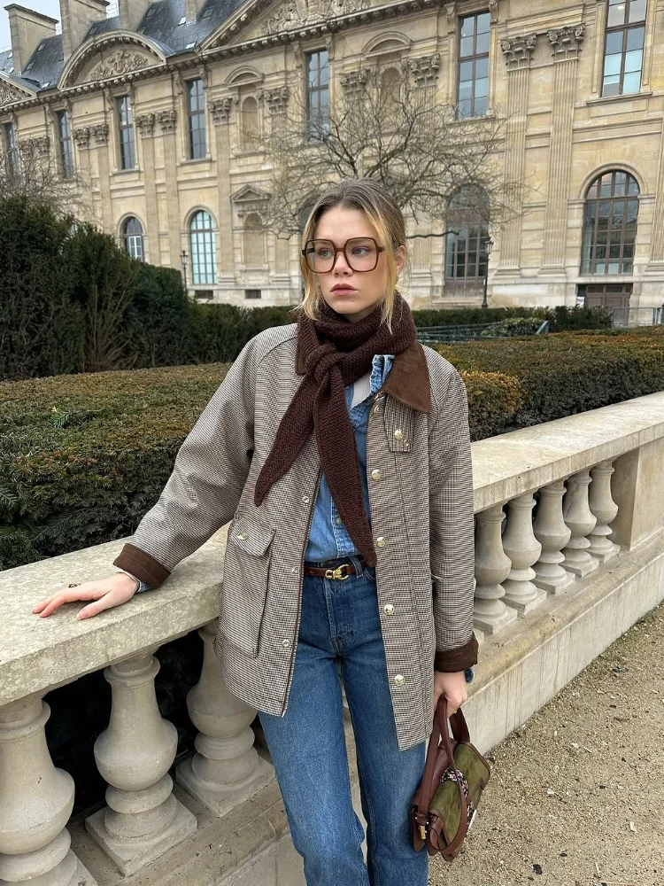 Veste à carreaux manteau femmes vintage boutons poches plaquées femmes coupe ample manteaux courts début automne décontracté vêtements d'extérieur à la mode