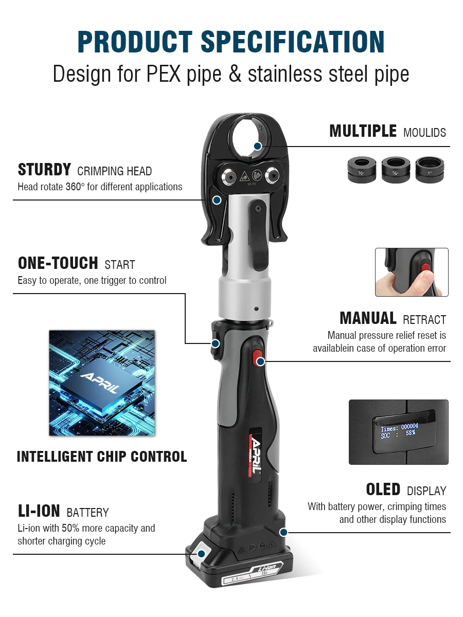 CH-1332 High Power Hydraulic Mini Battery Powered Pipe Crimping Tool Li-ion Rechargeable Tool Stainless Steel Pipe Crimper