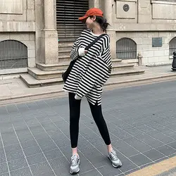 Korean Striped Loose Pullovers Top Spring Autumn O-neck Long Sleeve Street Casual Youth Hoodies Fashion Vintage Women Clothing