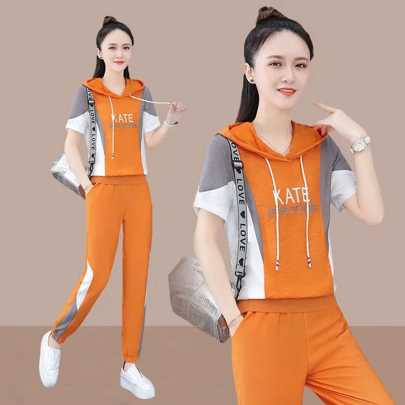 Women\'s Suit 2022 Spring Summer New 2 Two Piece Set Hooded Short Sleeve Crop Top Pants Leisure Tracksuit Korean Fashion Clothing