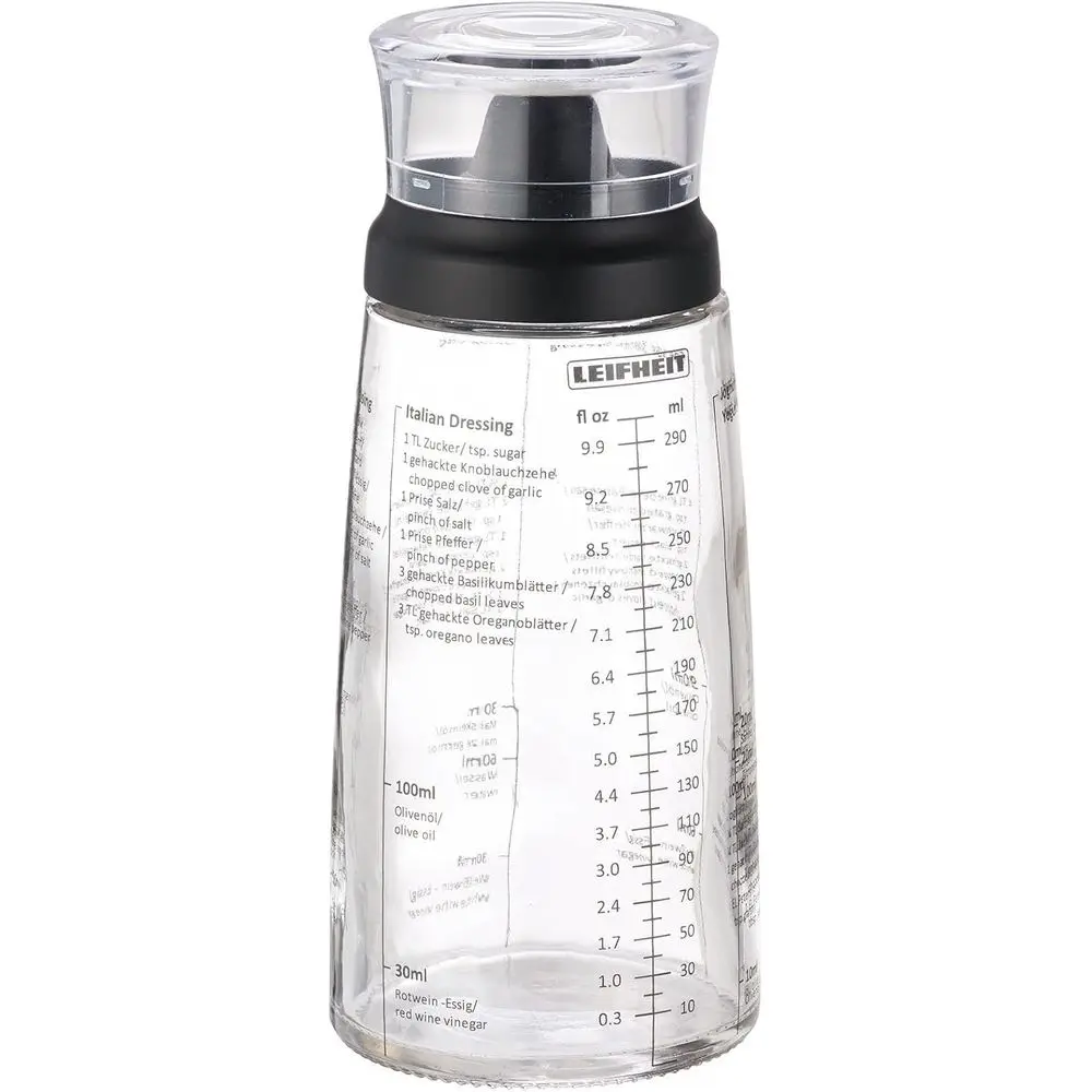 

Glass Salad Dressing Bottle 10 oz – Durable Eco-friendly Glass with Leak-proof Plastic Lid, Non-Drip Spout, Built-In Recipe Guid