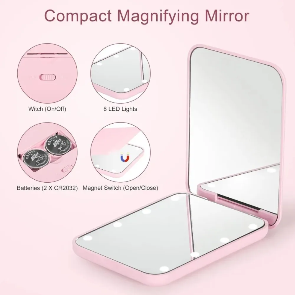 ポータブルLEDメイクアップミラー - 両面1倍/3倍拡大、照明付きトラベルミラー、電池式