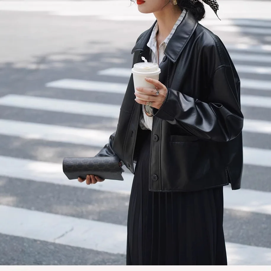 Women Short Coats Faux Leather Jackets Turn Down Collar Pu Coat Work Y2k Streetwear Jacket Casual Outerwear Autumn Winter