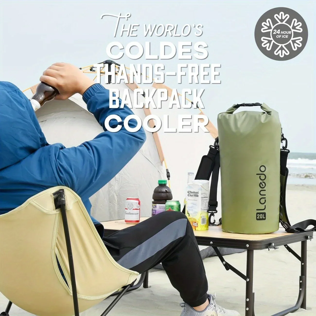 Lanedo Round Barrel Collapsible Backpack Cooler, Waterproof Hands Free Cooler Bag, 24 Hours Cooling, Soft Sided Cooler
