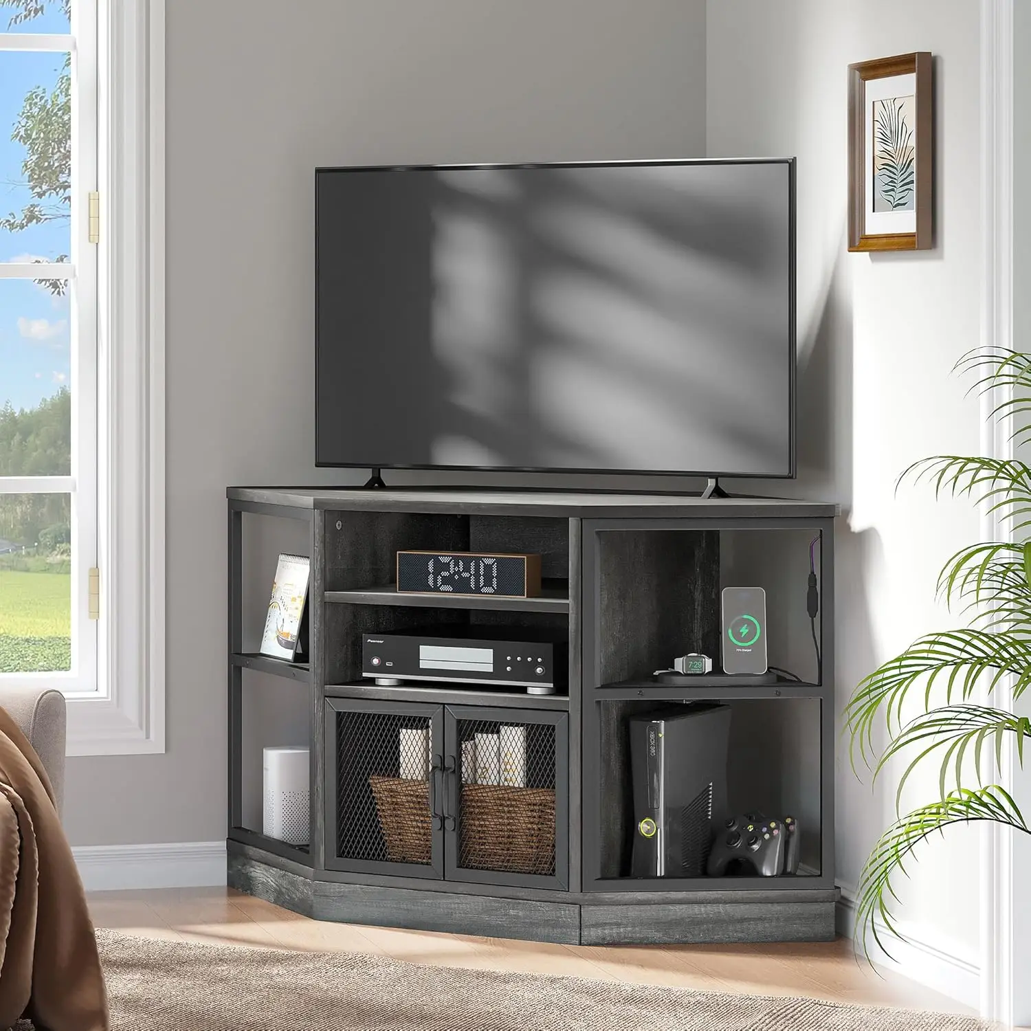 Corner TV Stand, Modern Corner Entertainment Center, Media Console with Storage Cabinets and LED Light for Living Room