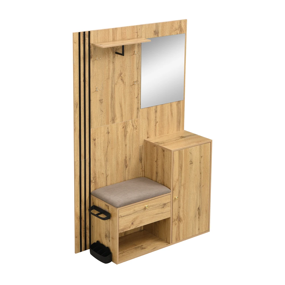 Kleiderschrank-Set, kompakter Flur-Kleiderschrank mit Spiegel und Kissen mit schwarzem Zierstreifen, Regal, Flur-Kleiderschrank, Schuhschrank – Detail 24