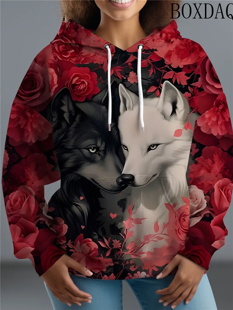 2026 Women's Fashion Casual Pullover Drawstring Hoodies Animal Wolf 3D Printed Hooded Long Sleeves Pocket Sweatshirt Streetwear