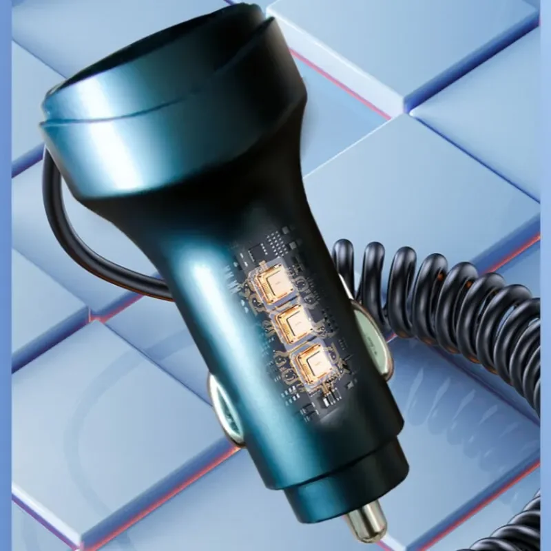 55W 2-Port USB Car Charger with Voltage Display Fast Charging 3.1A Retractable Cable Three-In-One Design for iPhone Samsung