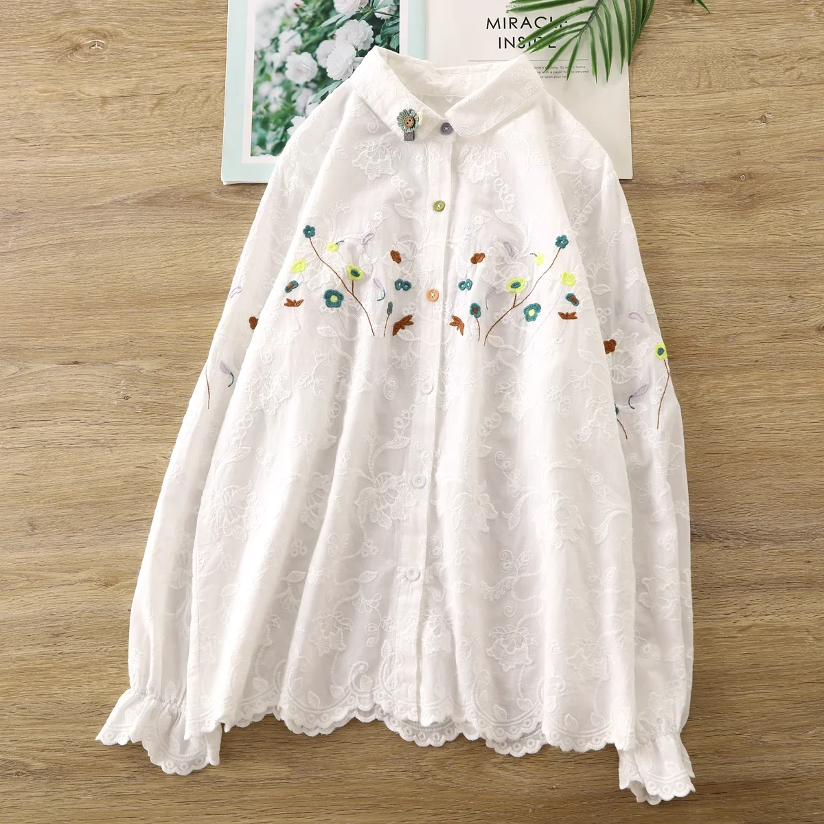 

Эстетическая одежда мори для девочек, весна, японский стиль, листья, вышивка, белые, бежевые рубашки, блузки с длинными рукавами, женская блузка в стиле бохо