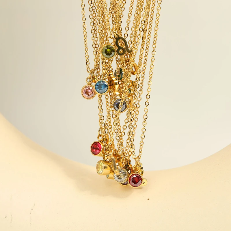12 Zodiac Sign Birthstones Pendant Necklaces For Women 18K Gold Plated Stainless Steel Horoscope Collar Waterproof Jewelry Gift