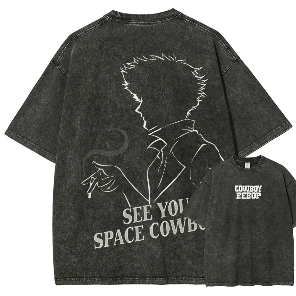 Spike Spiegel Cowboy Bebop Clothing Men Short Sleeve Manga T-shirts Vintage Washed T Shirt Casual Cotton Tee Harajuku Tshirt