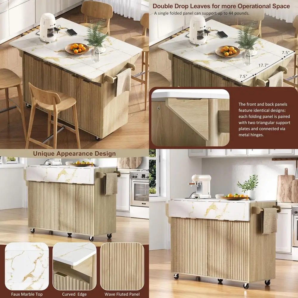 

Кухонный остров 55,5 дюймов с 2 выдвижными секциями, тележка для хранения на кухне с розеткой, 4 дверцы, полка для специй, передвижной островной стол